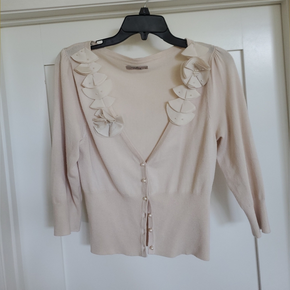 EUC Darling Adorable Cream Cardigan with Pearl & Satin Flower Details